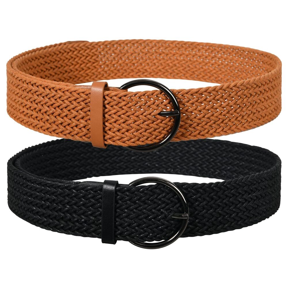 6571 2 Pack Woven Stretch Belts For Women Summer Braided Belt Wide